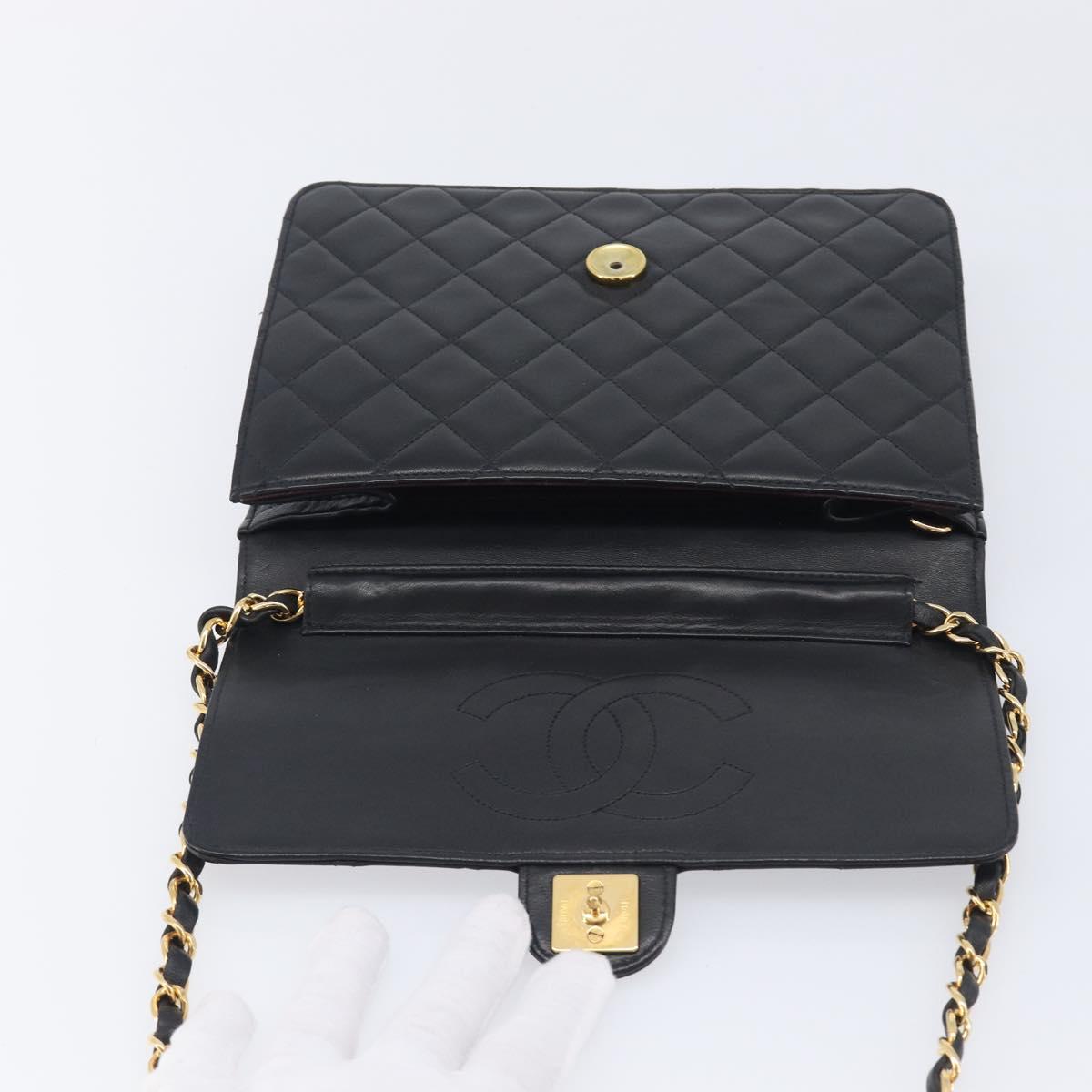 CHANEL Matelasse Push Lock Chain Bag Lamb Skin Black Gold CC Auth 213982SAV