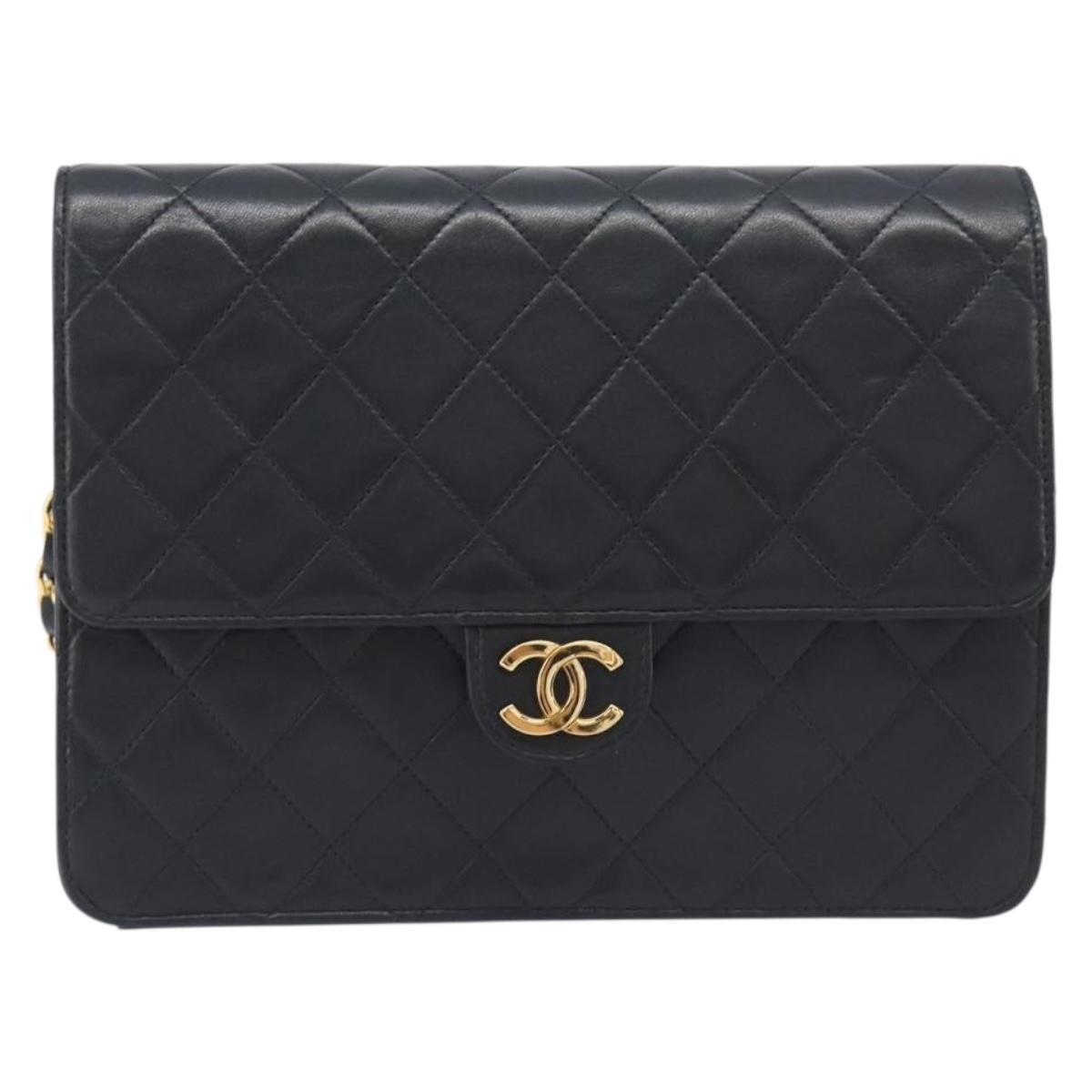 CHANEL Matelasse Push Lock Chain Bag Lamb Skin Black Gold CC Auth 213982SAV