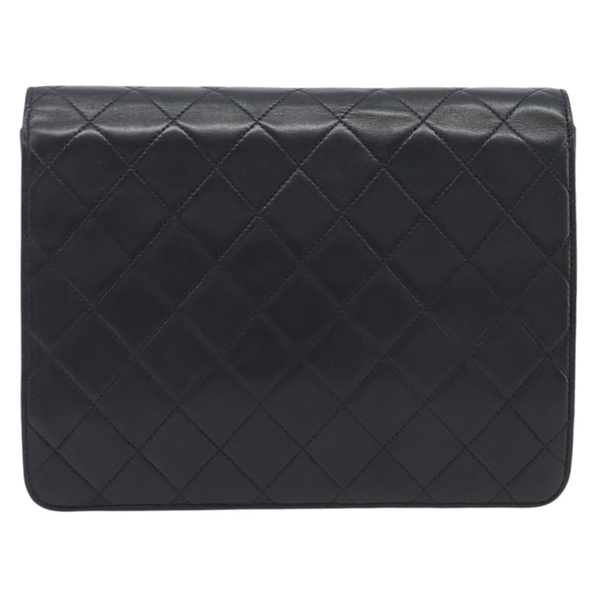 CHANEL Matelasse Push Lock Chain Bag Lamb Skin Black Gold CC Auth 213982SAV