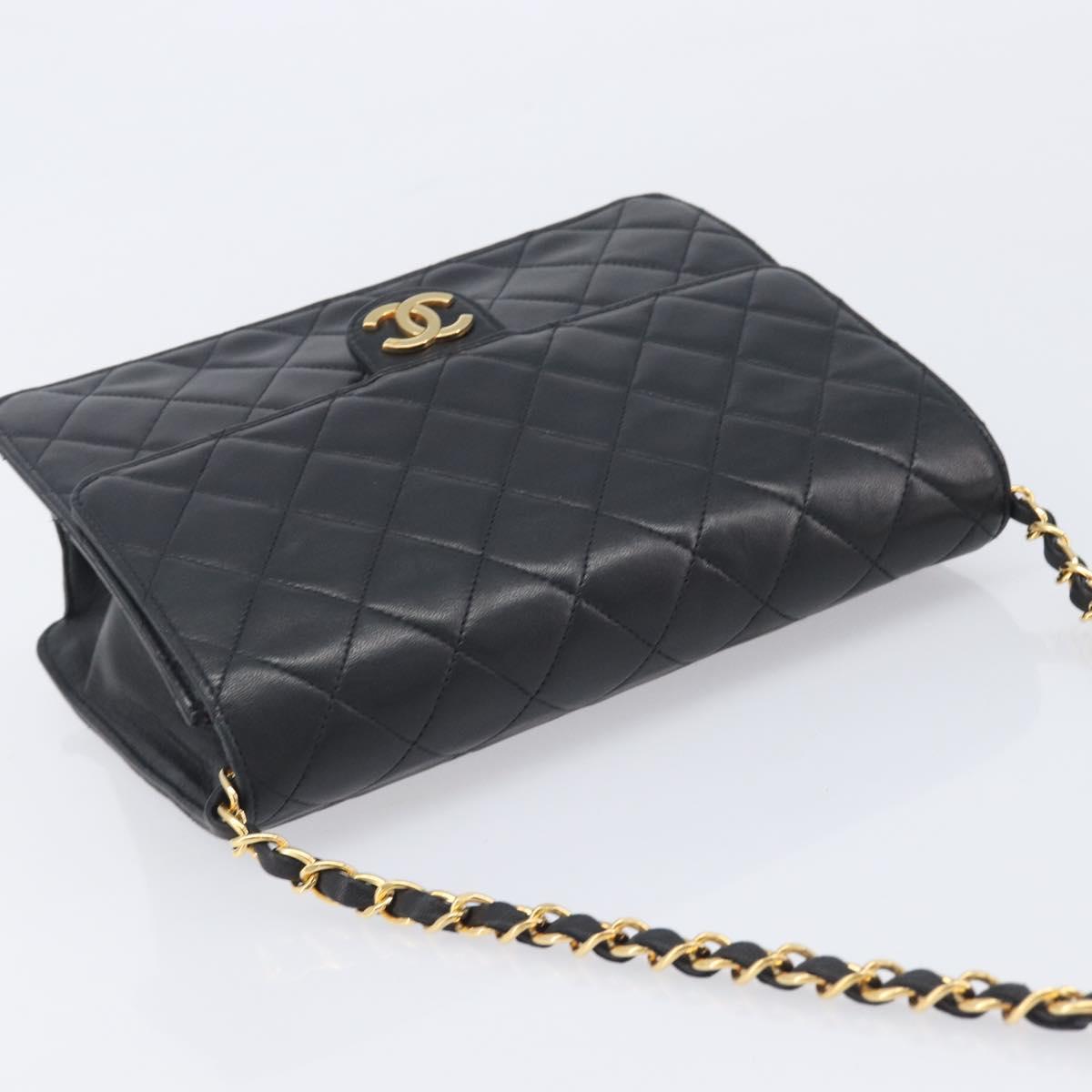 CHANEL Matelasse Push Lock Chain Bag Lamb Skin Black Gold CC Auth 213982SAV