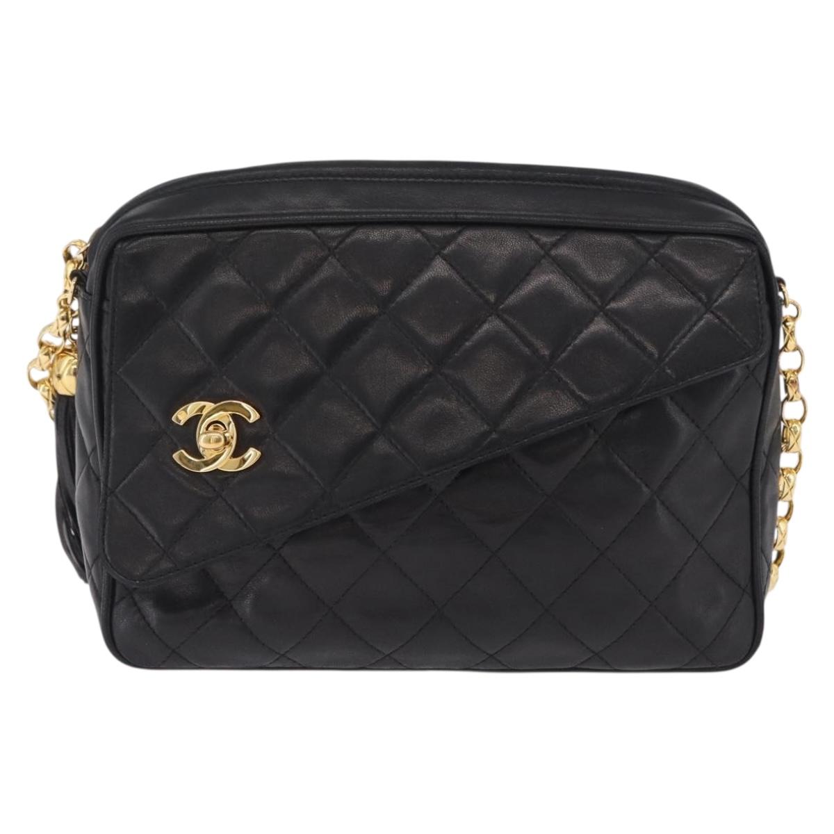 CHANEL Matelasse Chain Shoulder Bag Lamb Skin Black Gold CC Auth 213984V