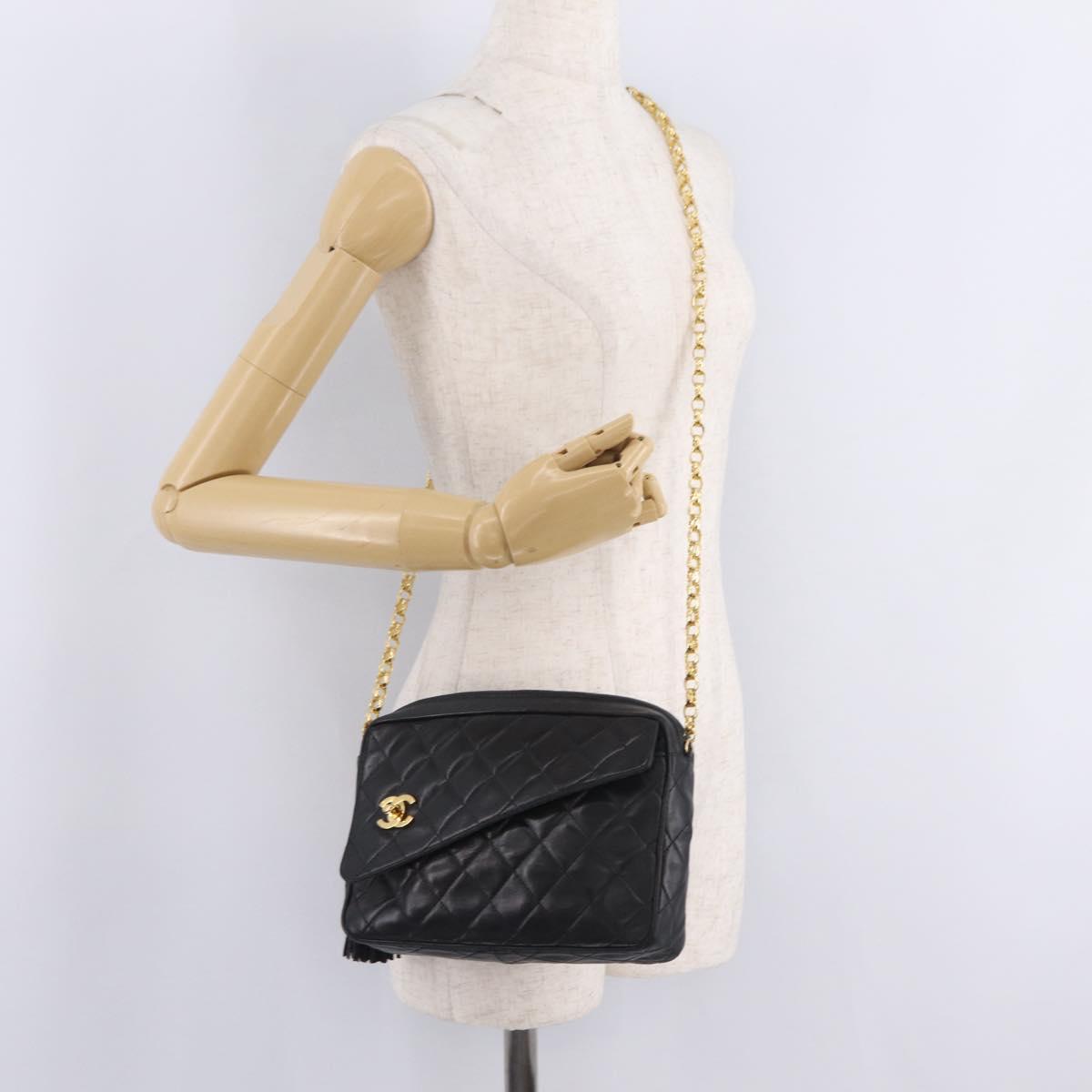 CHANEL Matelasse Chain Shoulder Bag Lamb Skin Black Gold CC Auth 213984V
