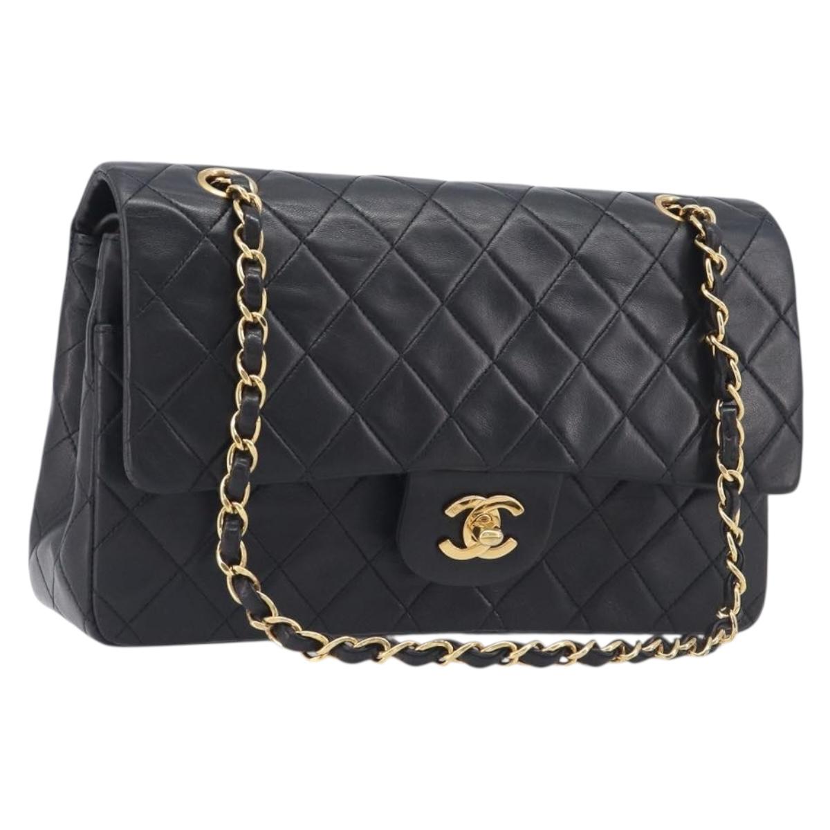 CHANEL Matelasse 25 Double Flap Chain Bag Lamb Skin Black Gold CC Auth 213989SAM