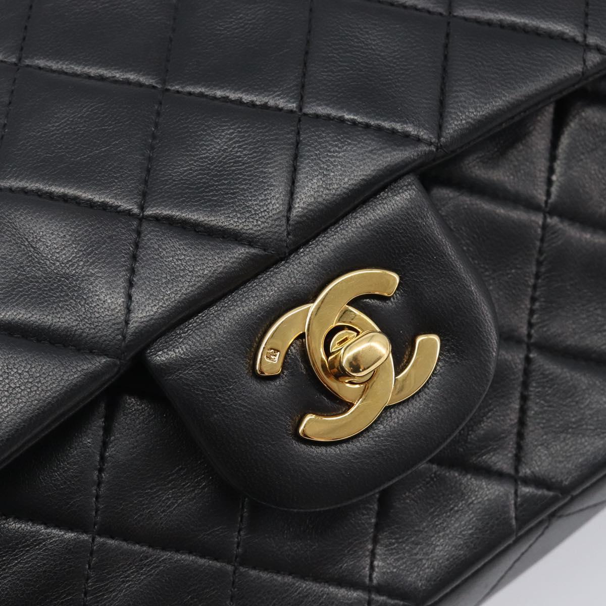 CHANEL Matelasse 25 Double Flap Chain Bag Lamb Skin Black Gold CC Auth 213989SAM