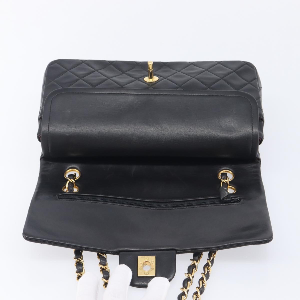CHANEL Matelasse 25 Double Flap Chain Bag Lamb Skin Black Gold CC Auth 213989SAM