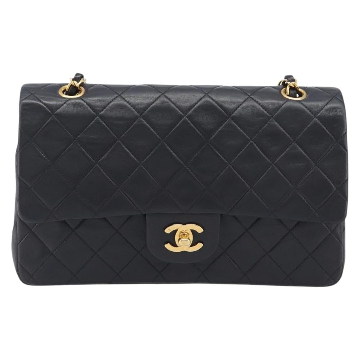 CHANEL Matelasse 25 Double Flap Chain Bag Lamb Skin Black Gold CC Auth 213989SAM