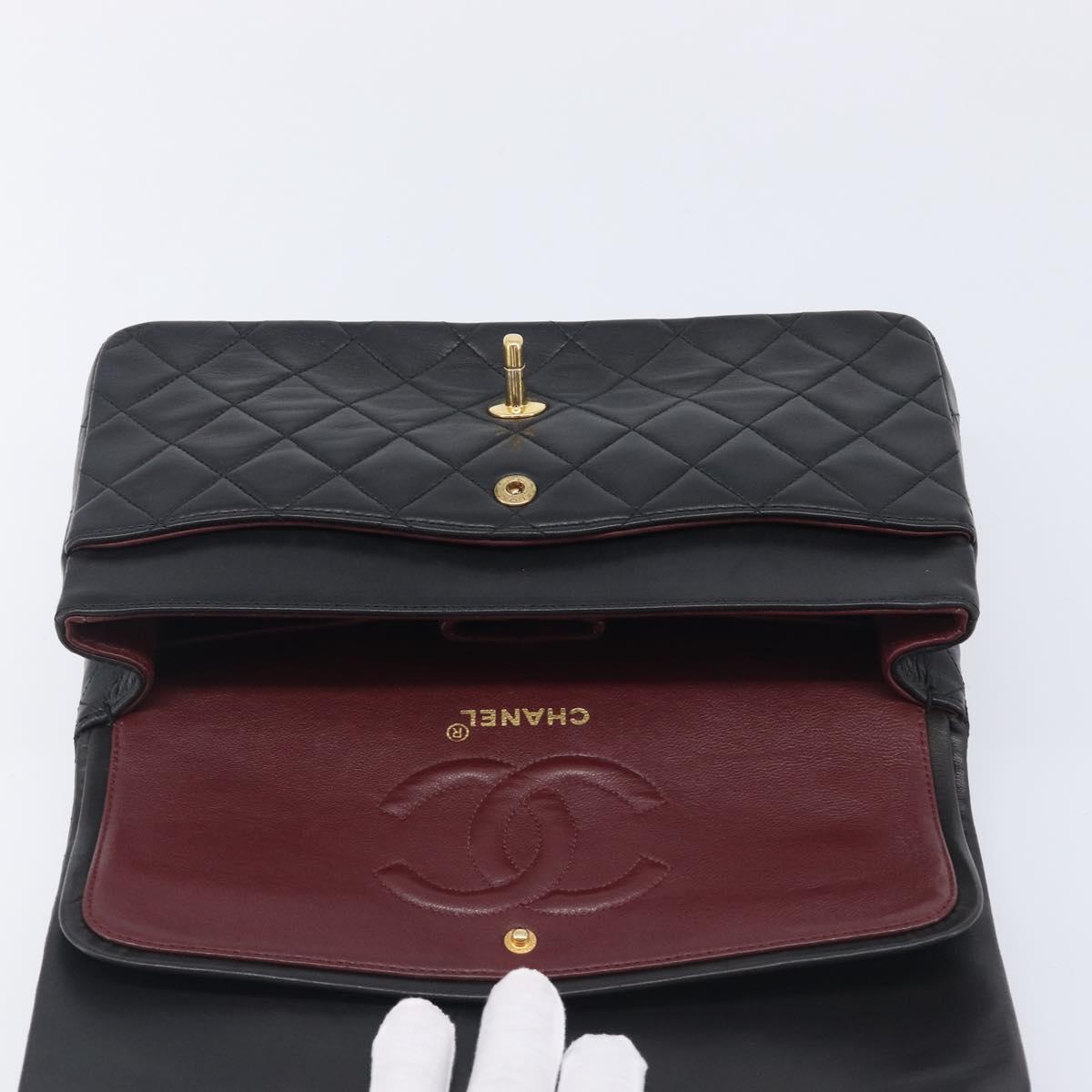 CHANEL Matelasse 25 Double Flap Chain Bag Lamb Skin Black Gold CC Auth 213989SAM