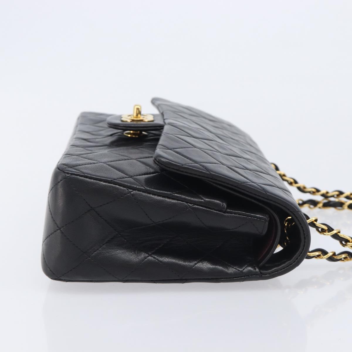 CHANEL Matelasse 25 Double Flap Chain Bag Lamb Skin Black Gold CC Auth 213989SAM
