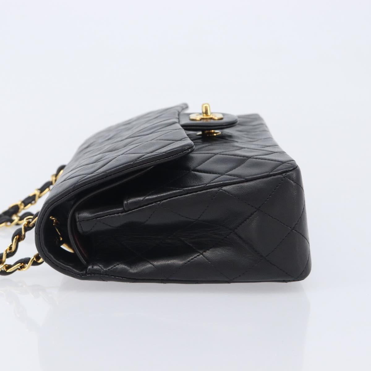 CHANEL Matelasse 25 Double Flap Chain Bag Lamb Skin Black Gold CC Auth 213989SAM
