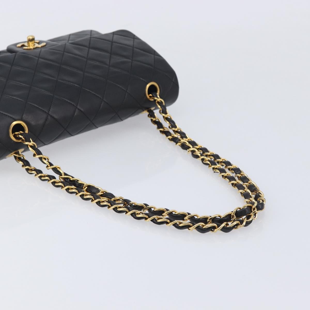 CHANEL Matelasse 25 Double Flap Chain Bag Lamb Skin Black Gold CC Auth 213989SAM