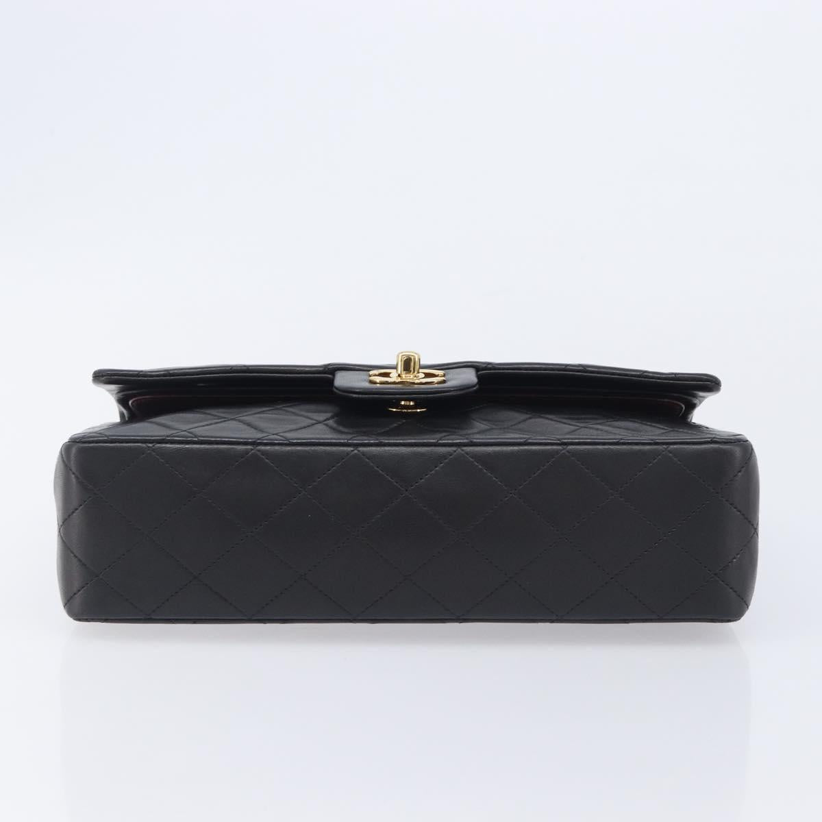 CHANEL Matelasse 25 Double Flap Chain Bag Lamb Skin Black Gold CC Auth 213989SAM