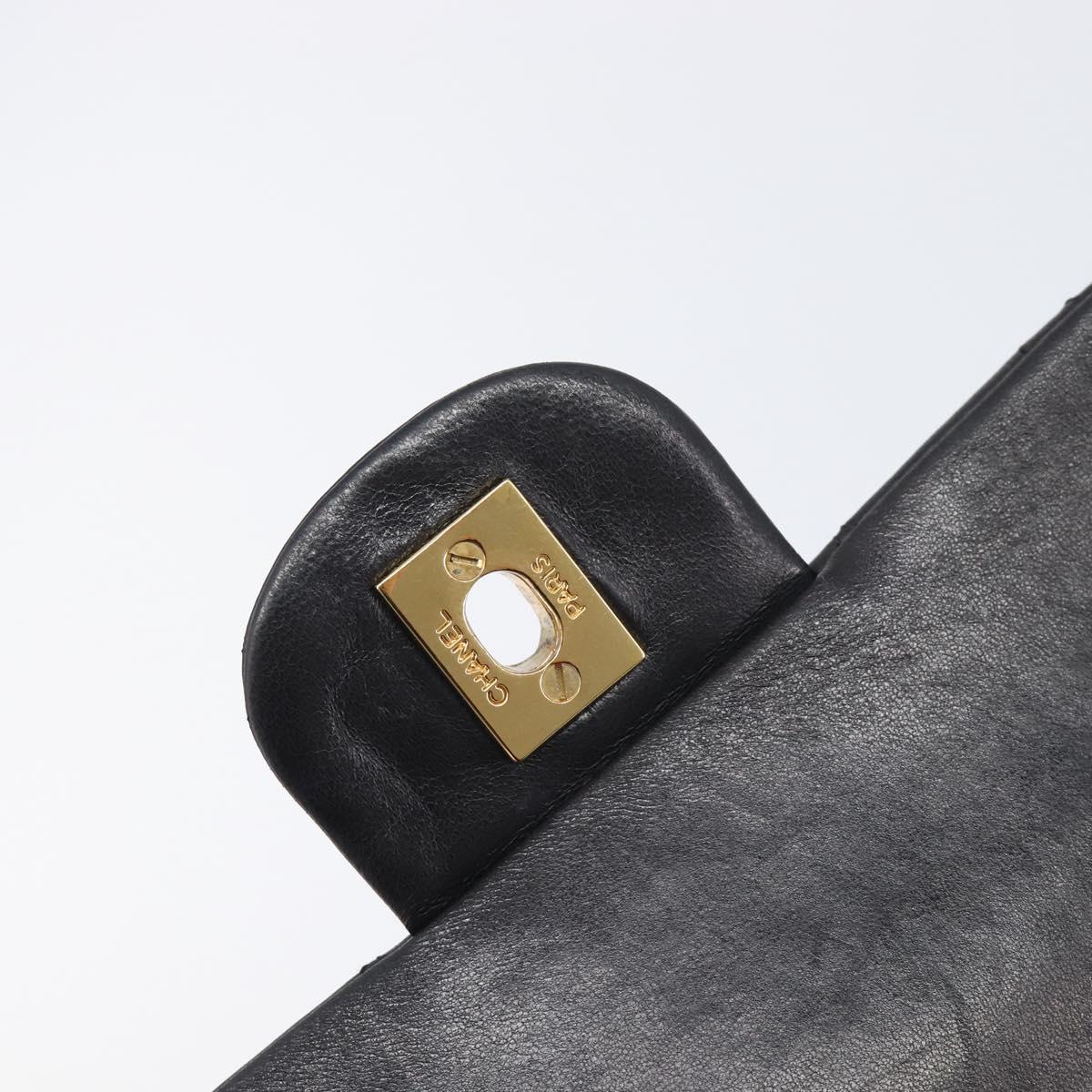 CHANEL Matelasse 25 Double Flap Chain Bag Lamb Skin Black Gold CC Auth 213992SAM