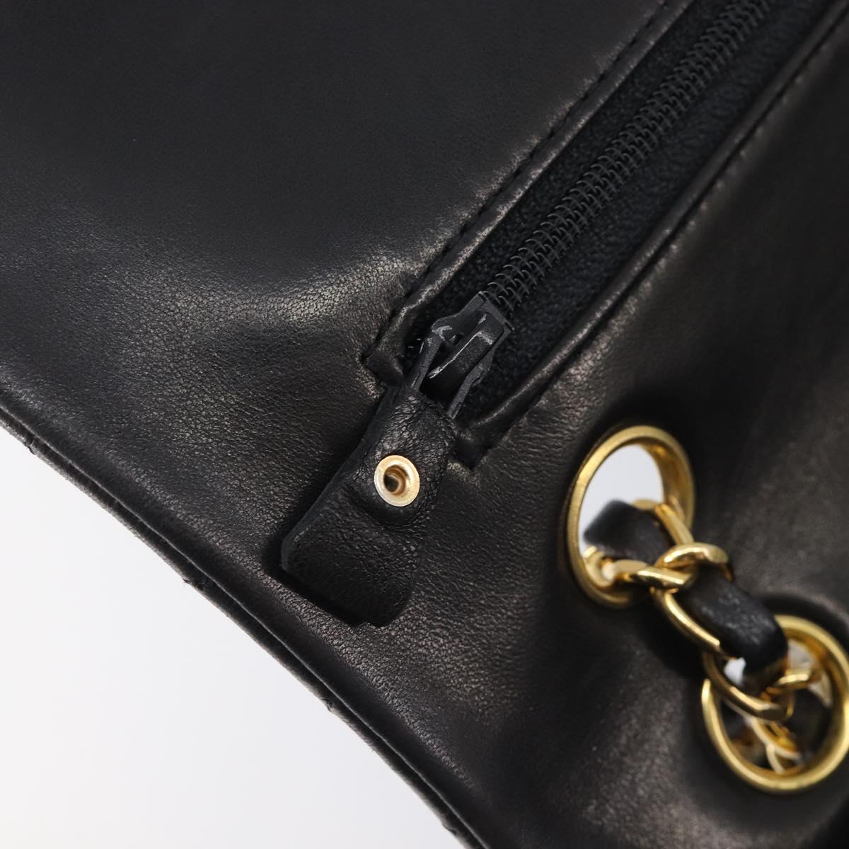 CHANEL Matelasse 25 Double Flap Chain Bag Lamb Skin Black Gold CC Auth 213992SAM