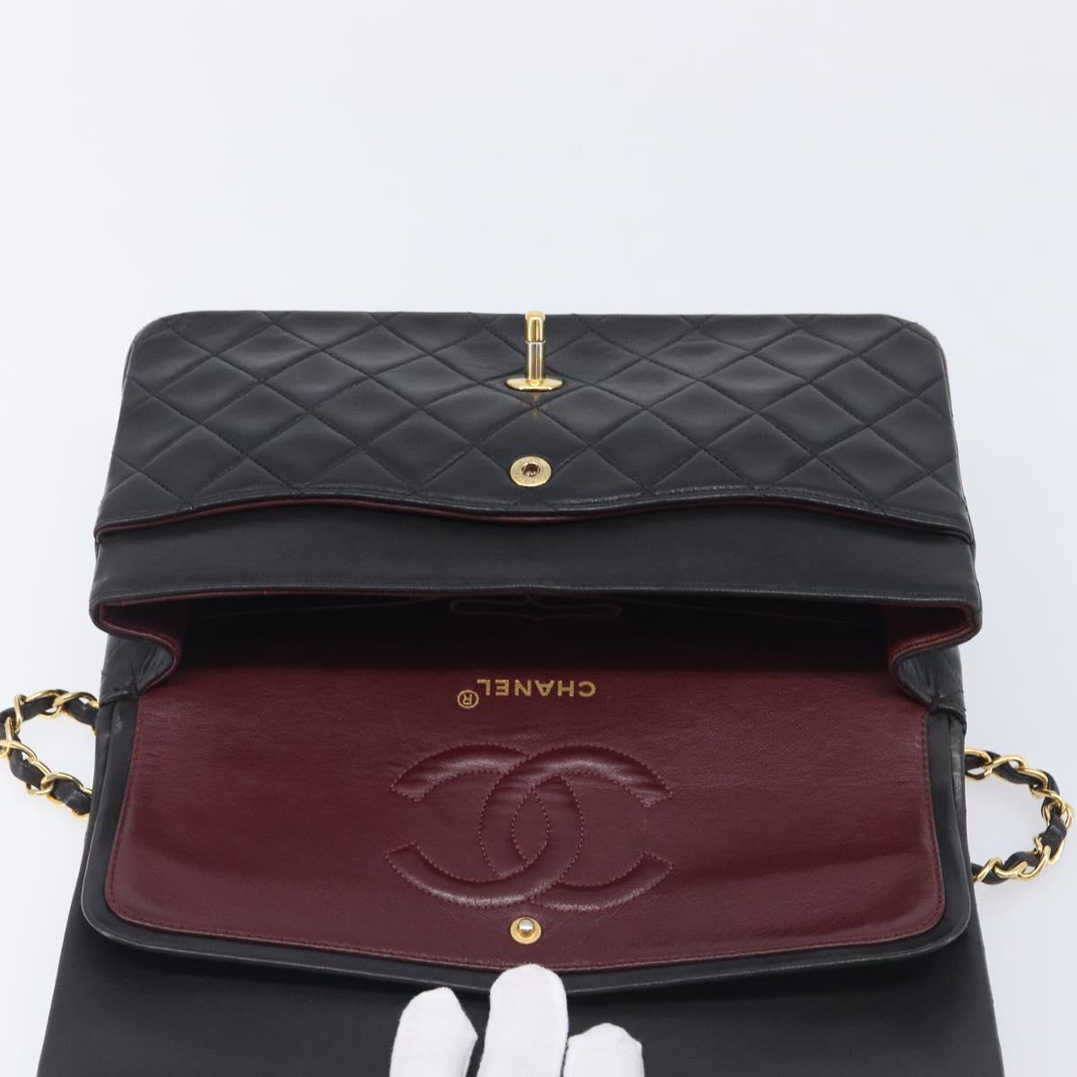 CHANEL Matelasse 25 Double Flap Chain Bag Lamb Skin Black Gold CC Auth 213992SAM