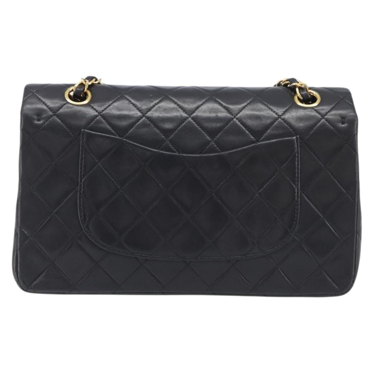 CHANEL Matelasse 25 Double Flap Chain Bag Lamb Skin Black Gold CC Auth 213992SAM