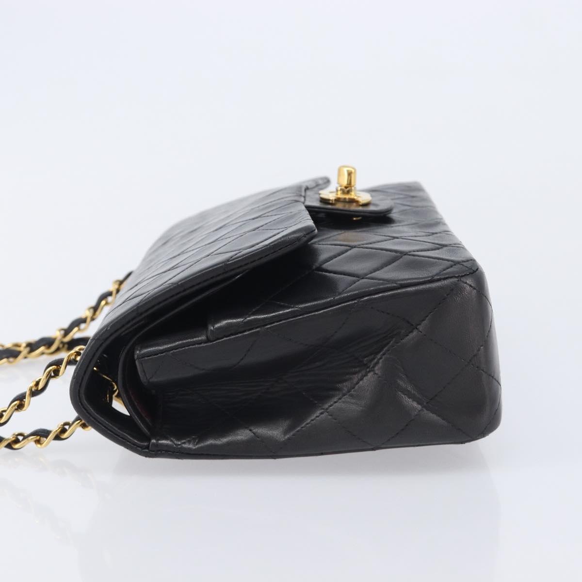 CHANEL Matelasse 25 Double Flap Chain Bag Lamb Skin Black Gold CC Auth 213992SAM