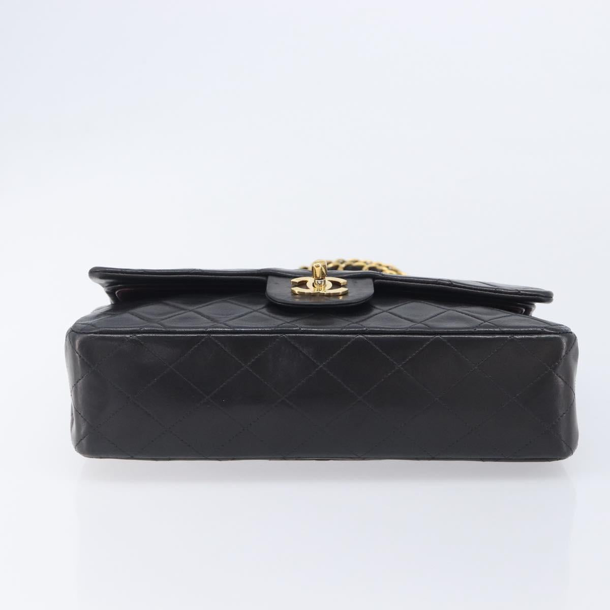 CHANEL Matelasse 25 Double Flap Chain Bag Lamb Skin Black Gold CC Auth 213992SAM