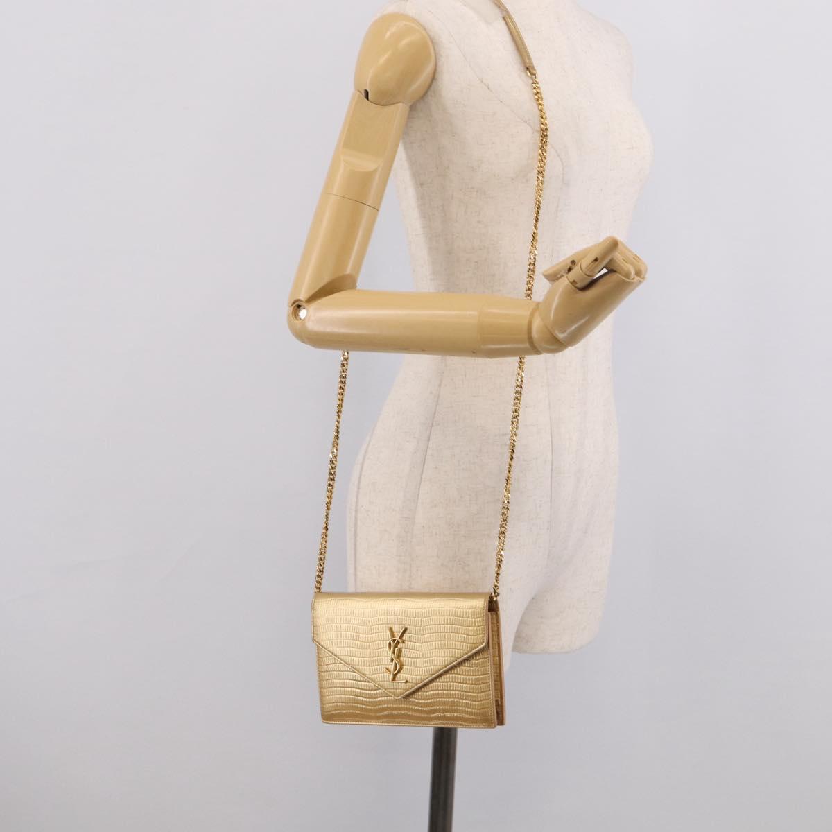 Saint Laurent Chain Shoulder Bag Leather Embossed Gold Auth 214003M