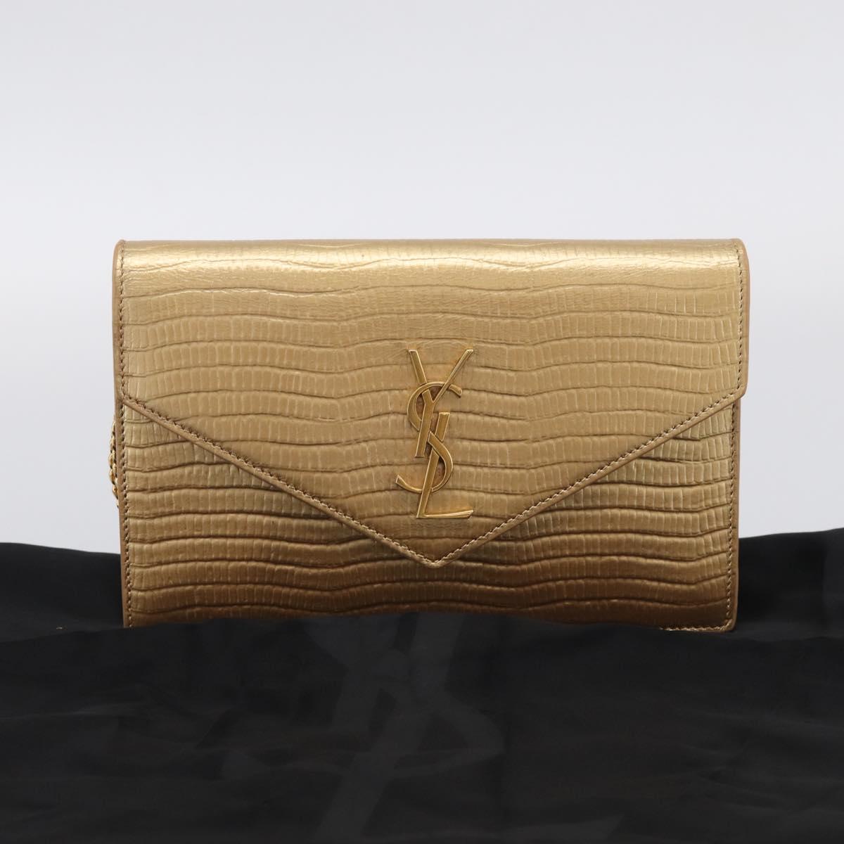 Saint Laurent Chain Shoulder Bag Leather Embossed Gold Auth 214003M