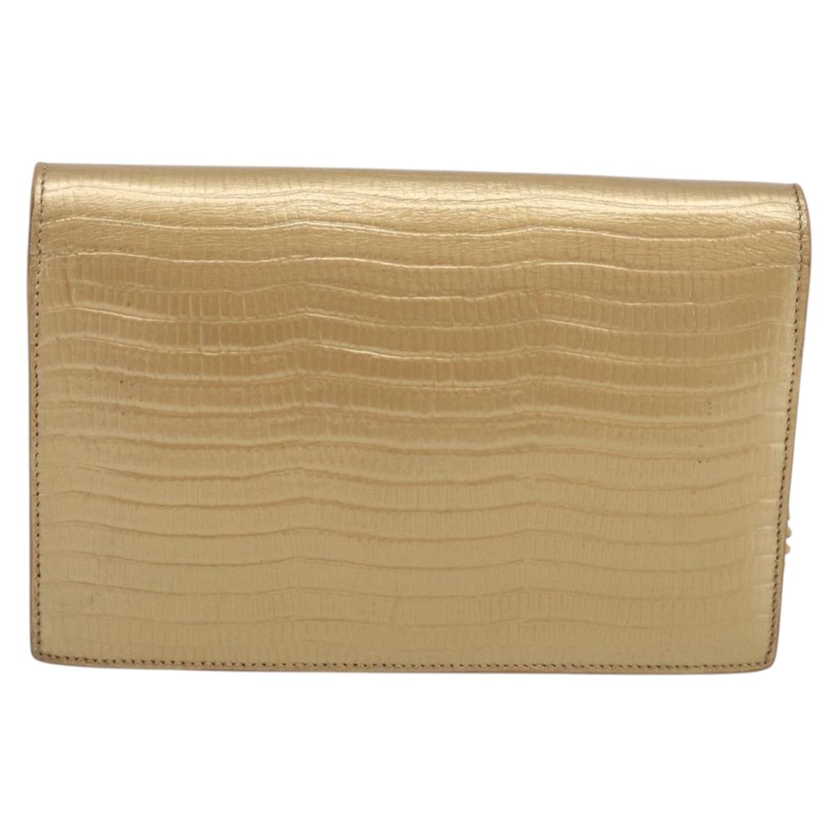 Saint Laurent Chain Shoulder Bag Leather Embossed Gold Auth 214003M