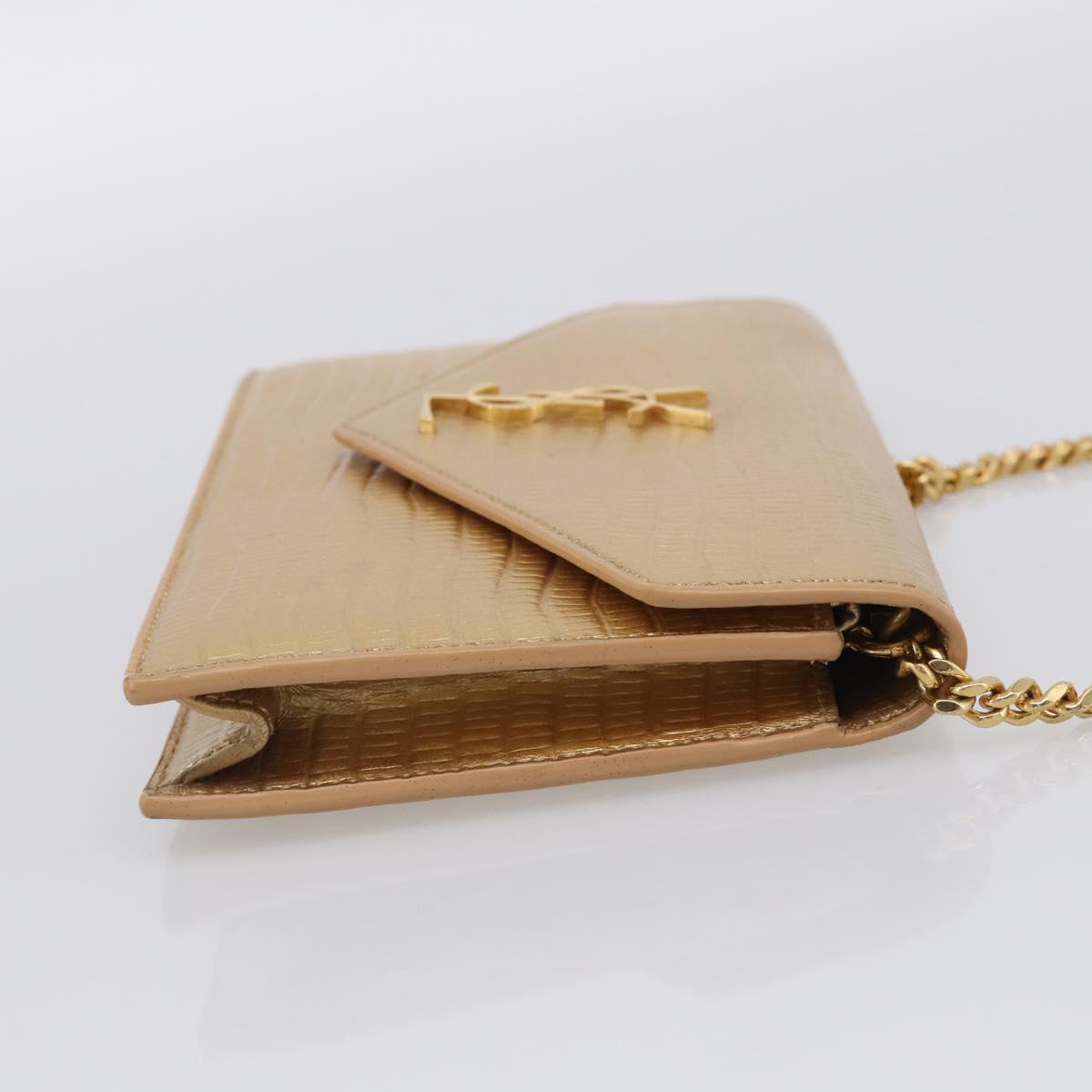 Saint Laurent Chain Shoulder Bag Leather Embossed Gold Auth 214003M