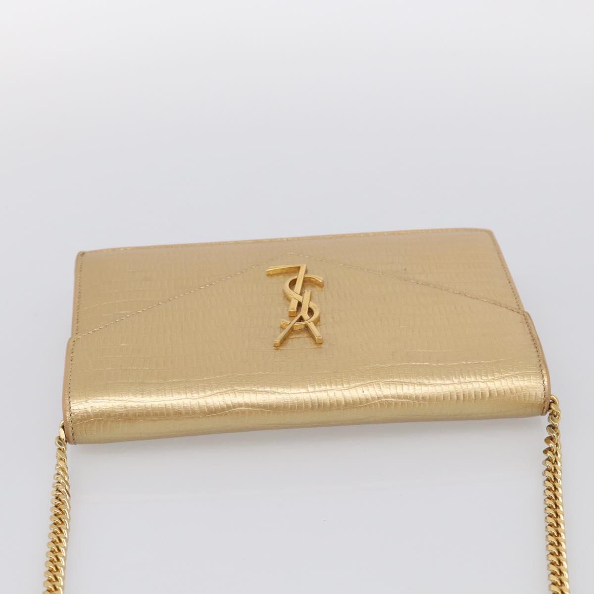 Saint Laurent Chain Shoulder Bag Leather Embossed Gold Auth 214003M