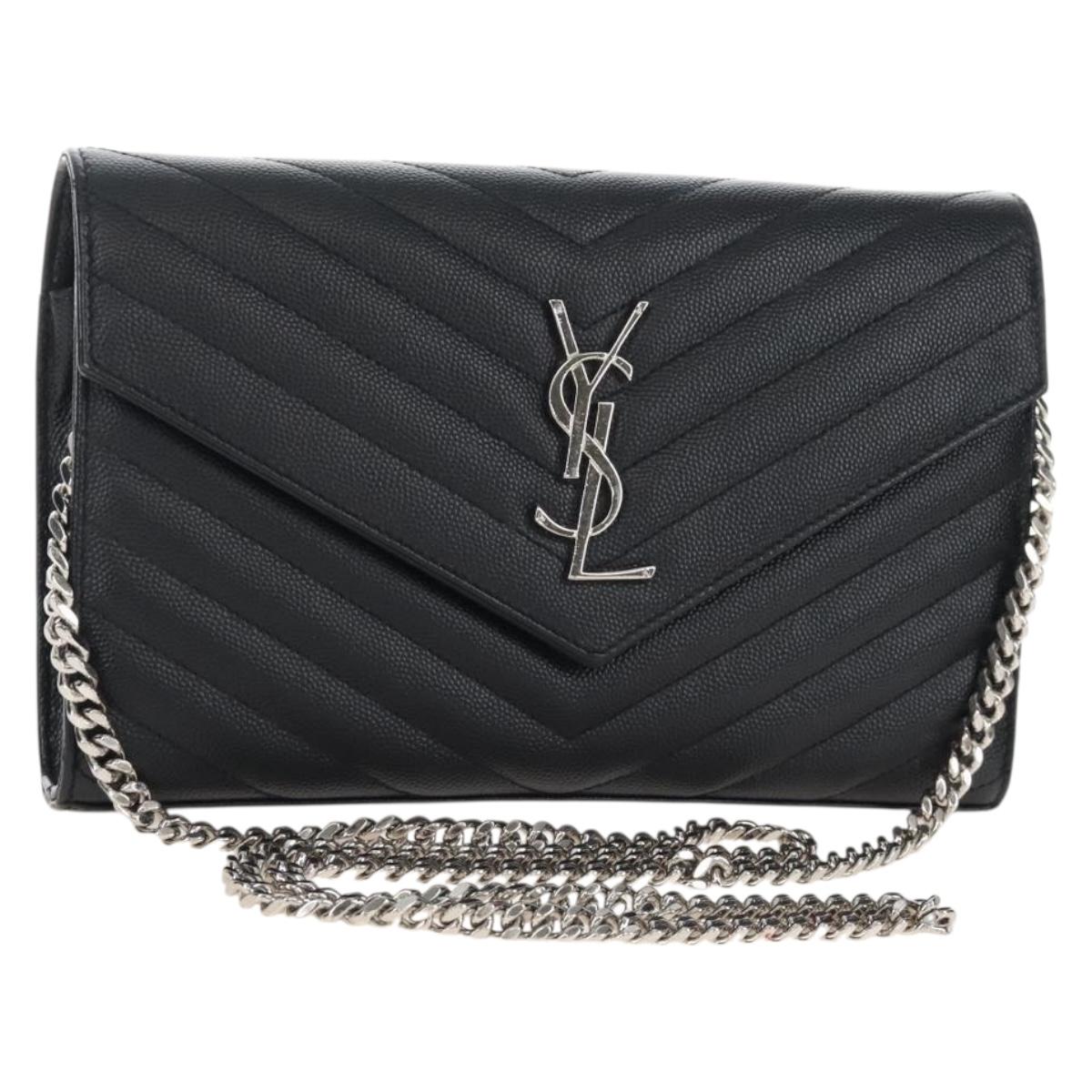 Saint Laurent Cassandra Chain Wallet Leather Black Silver Auth 214004M