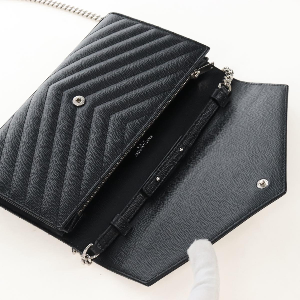 Saint Laurent Cassandra Chain Wallet Leather Black Silver Auth 214004M