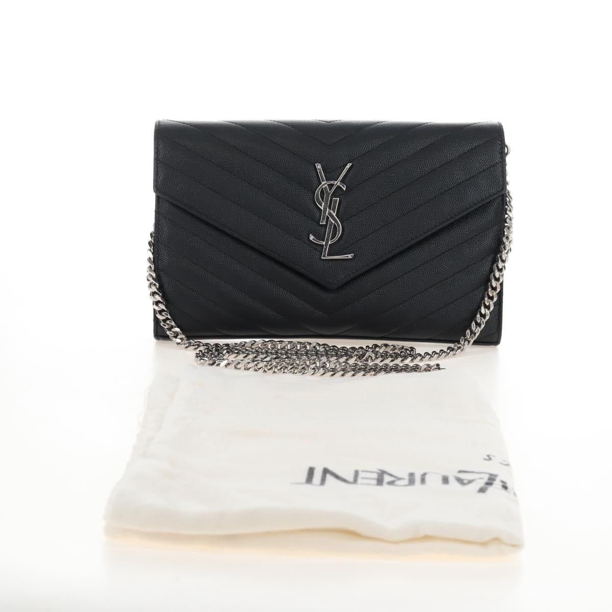 Saint Laurent Cassandra Chain Wallet Leather Black Silver Auth 214004M