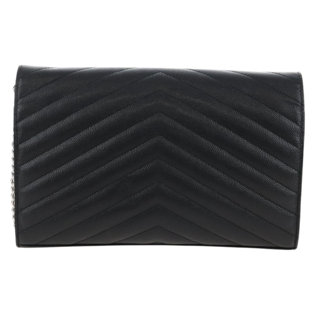 Saint Laurent Cassandra Chain Wallet Leather Black Silver Auth 214004M