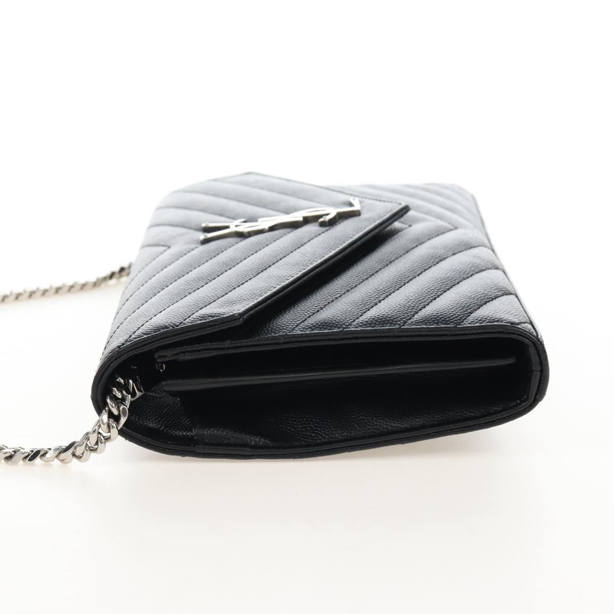 Saint Laurent Cassandra Chain Wallet Leather Black Silver Auth 214004M