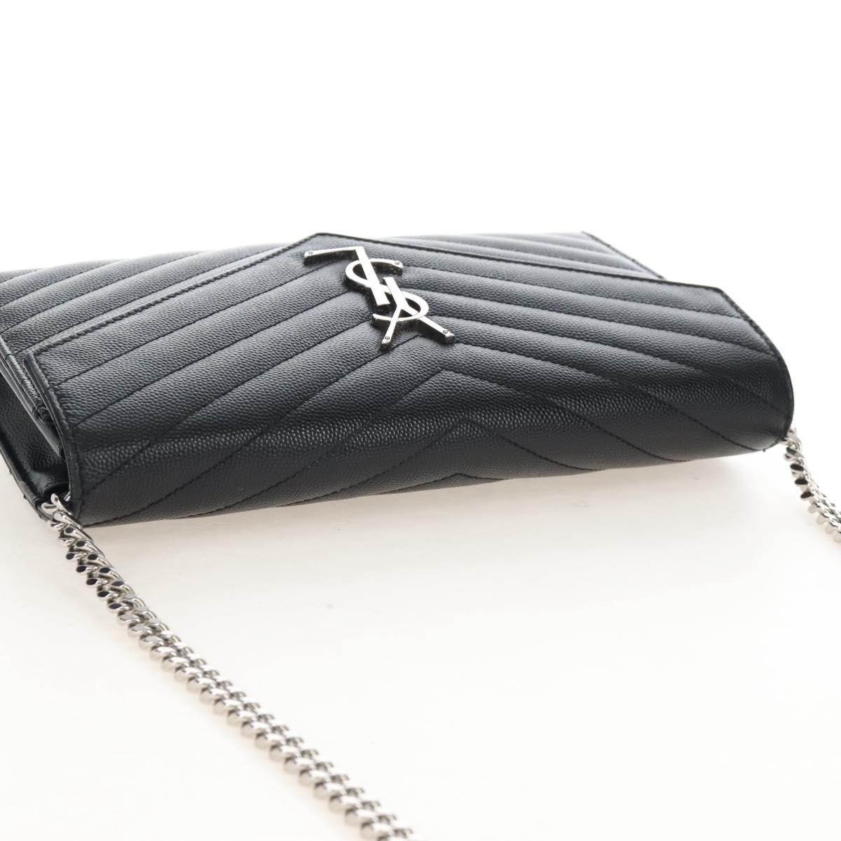 Saint Laurent Cassandra Chain Wallet Leather Black Silver Auth 214004M