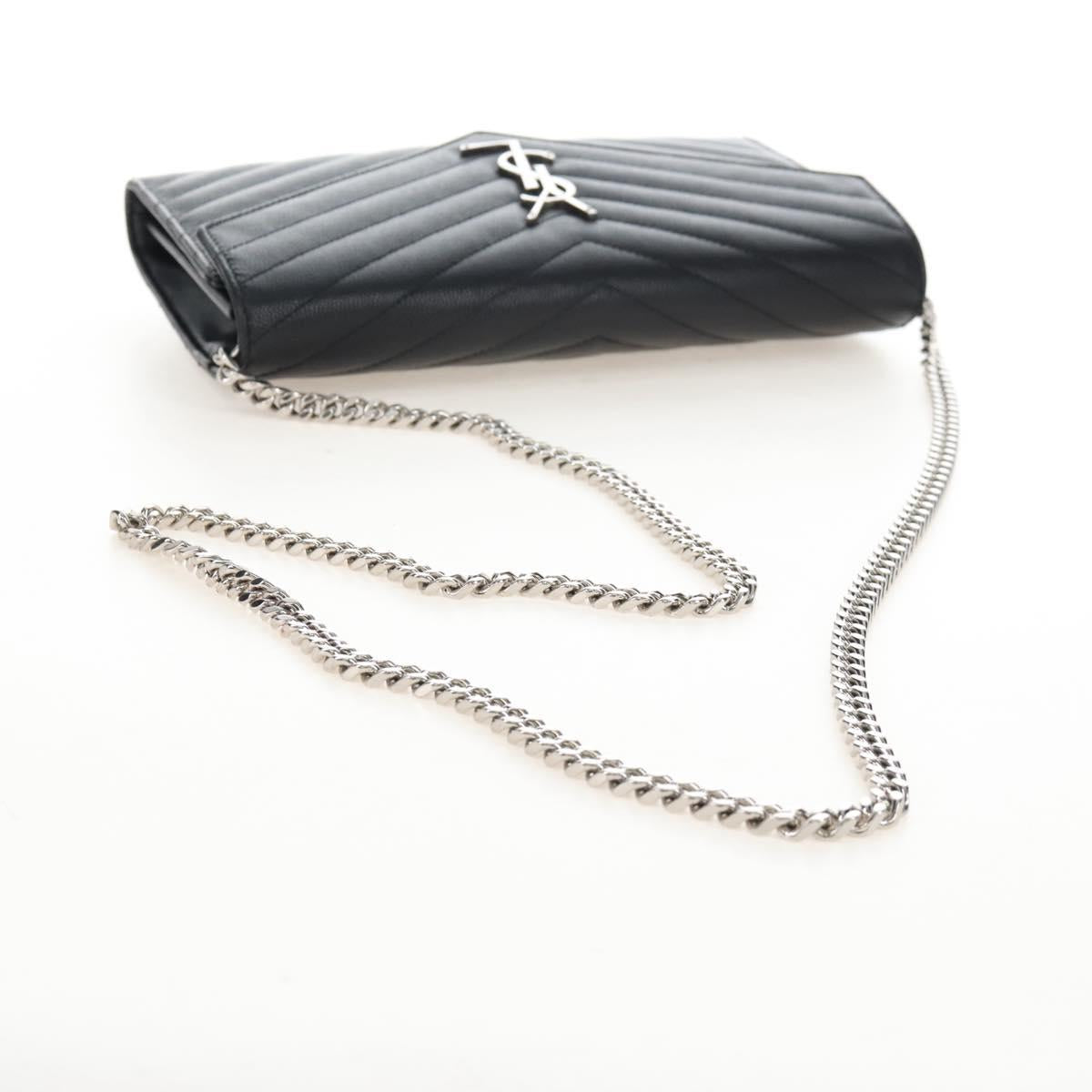 Saint Laurent Cassandra Chain Wallet Leather Black Silver Auth 214004M