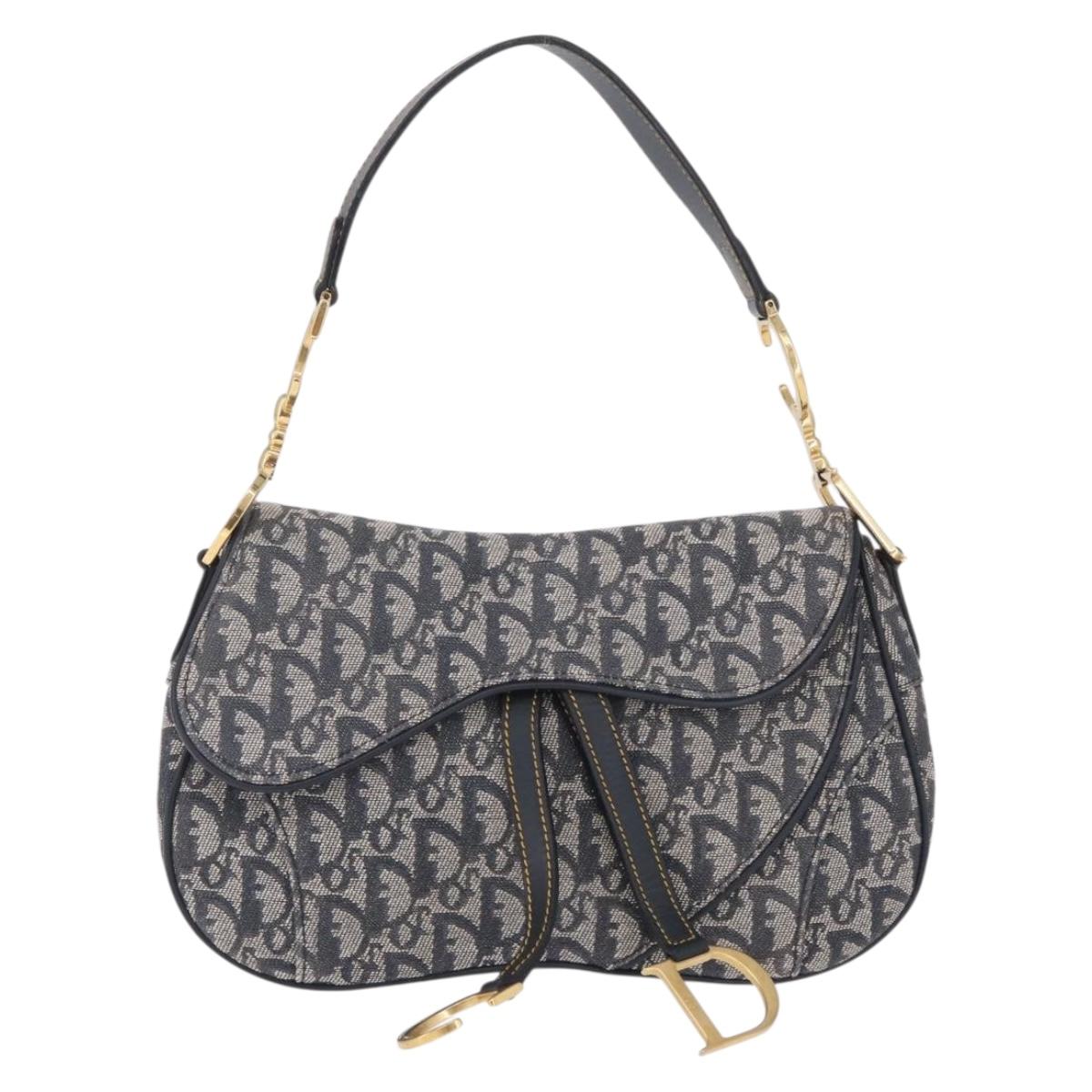 Christian Dior Trotter Canvas Saddle Shoulder Bag Navy Gold Auth 214013M