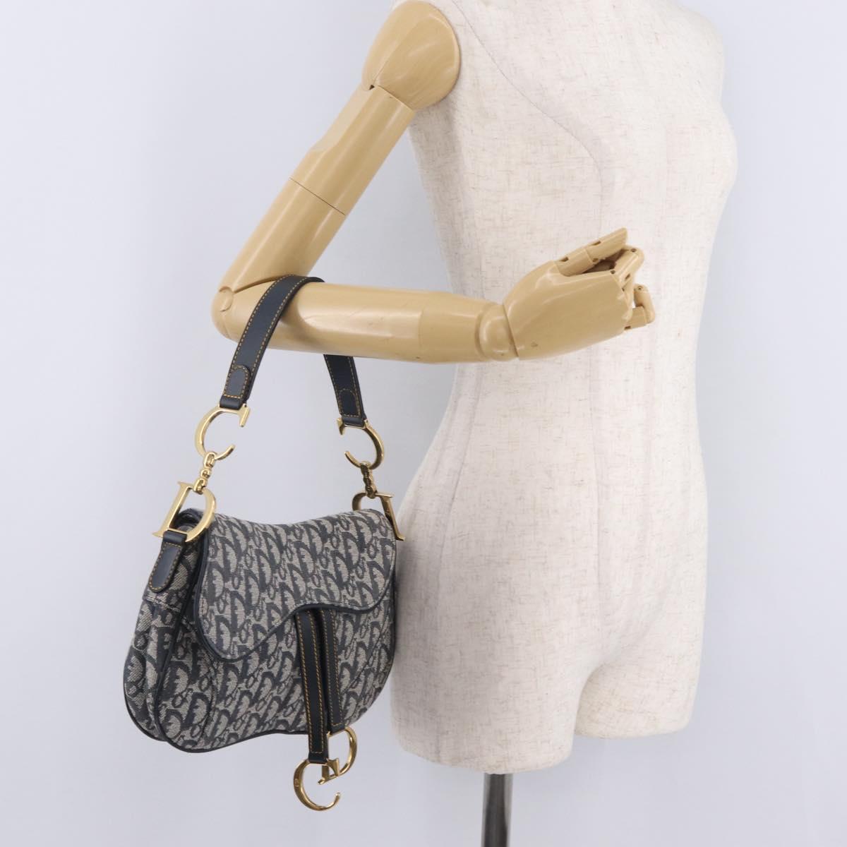 Christian Dior Trotter Canvas Saddle Shoulder Bag Navy Gold Auth 214013M