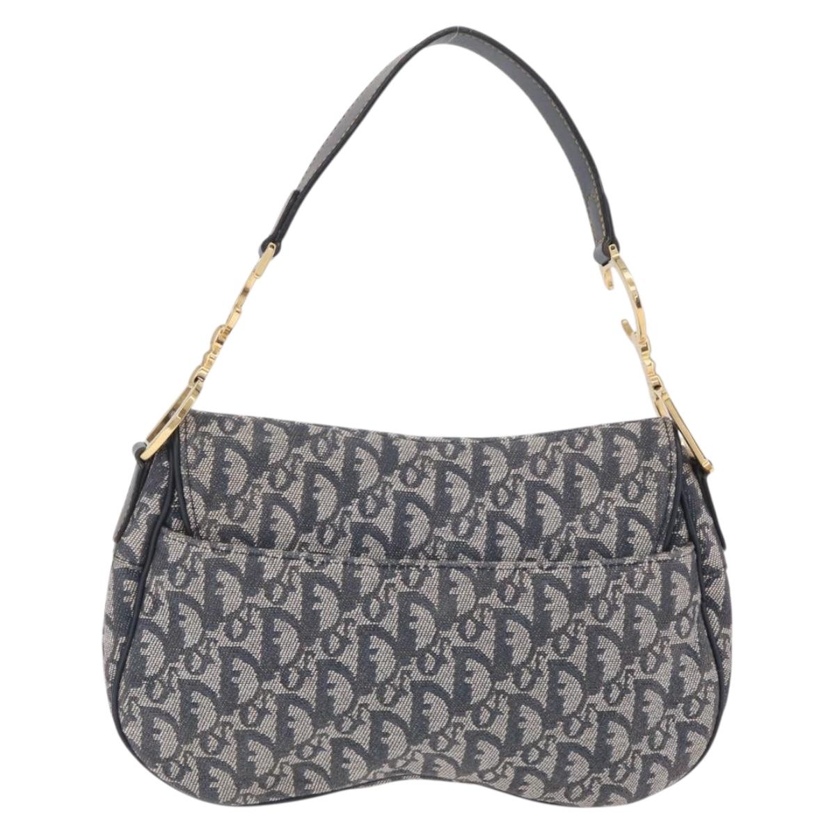 Christian Dior Trotter Canvas Saddle Shoulder Bag Navy Gold Auth 214013M