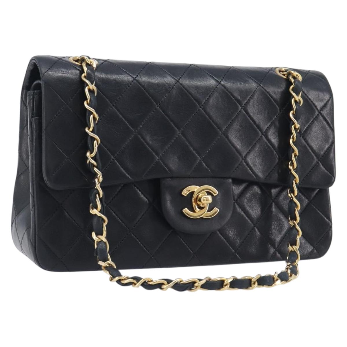 CHANEL Double Flap Chain Matelasse23 Bag Lamb Skin Black Gold CC Auth 214014SAM