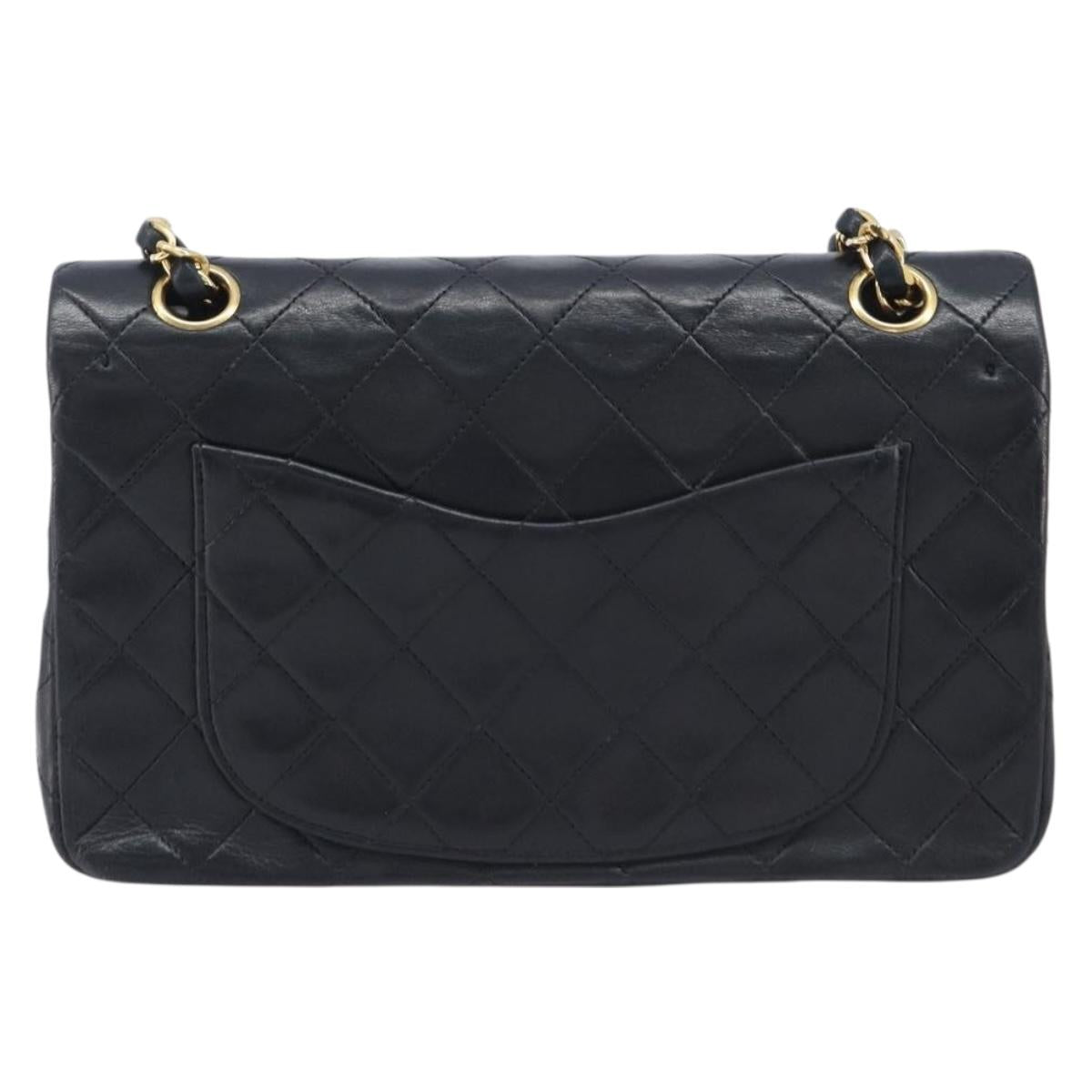 CHANEL Double Flap Chain Matelasse23 Bag Lamb Skin Black Gold CC Auth 214014SAM