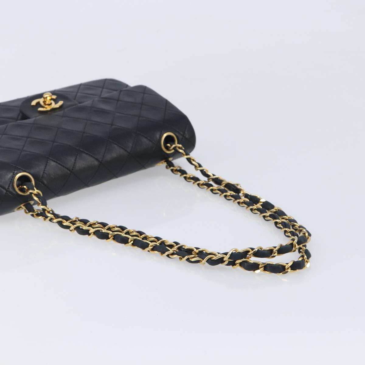 CHANEL Double Flap Chain Matelasse23 Bag Lamb Skin Black Gold CC Auth 214014SAM