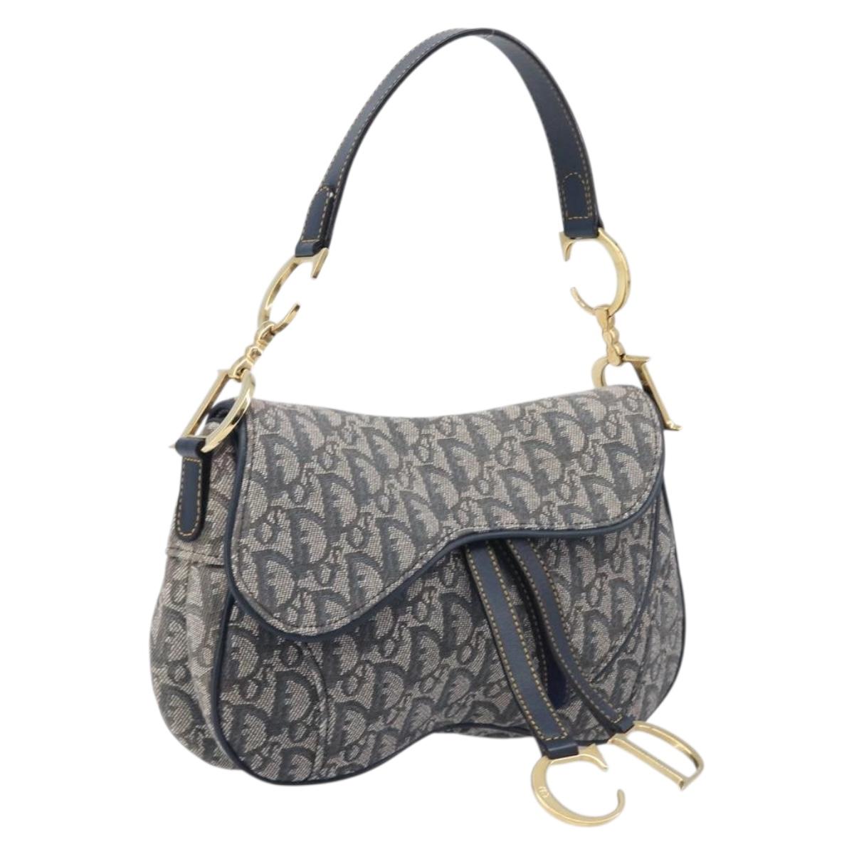 Christian Dior Trotter Canvas Saddle Shoulder Bag Navy Gold Auth 214016V