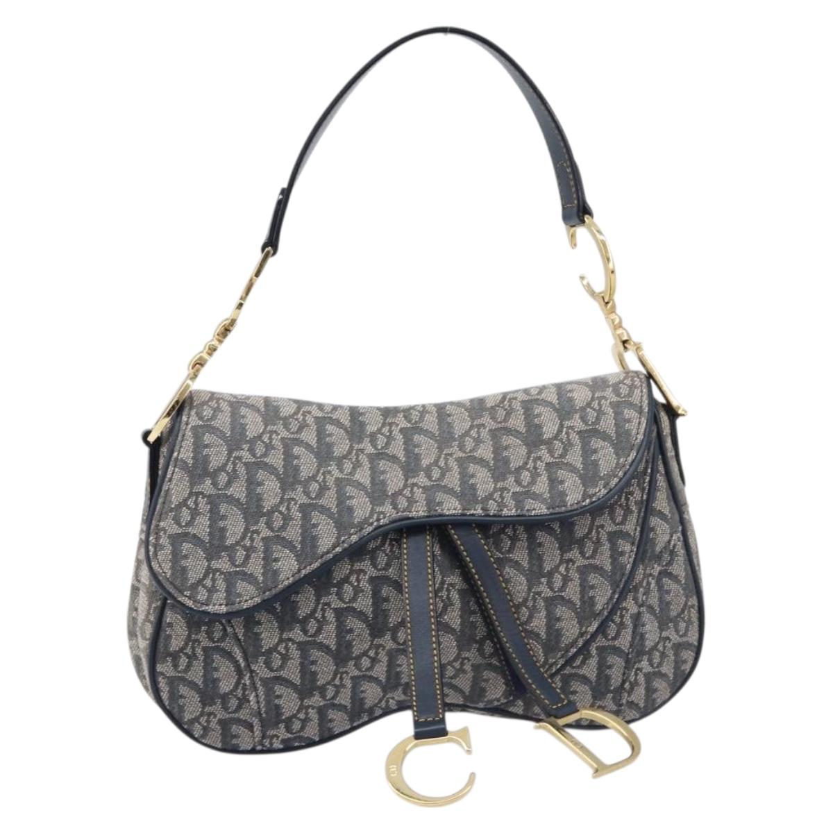 Christian Dior Trotter Canvas Saddle Shoulder Bag Navy Gold Auth 214016V