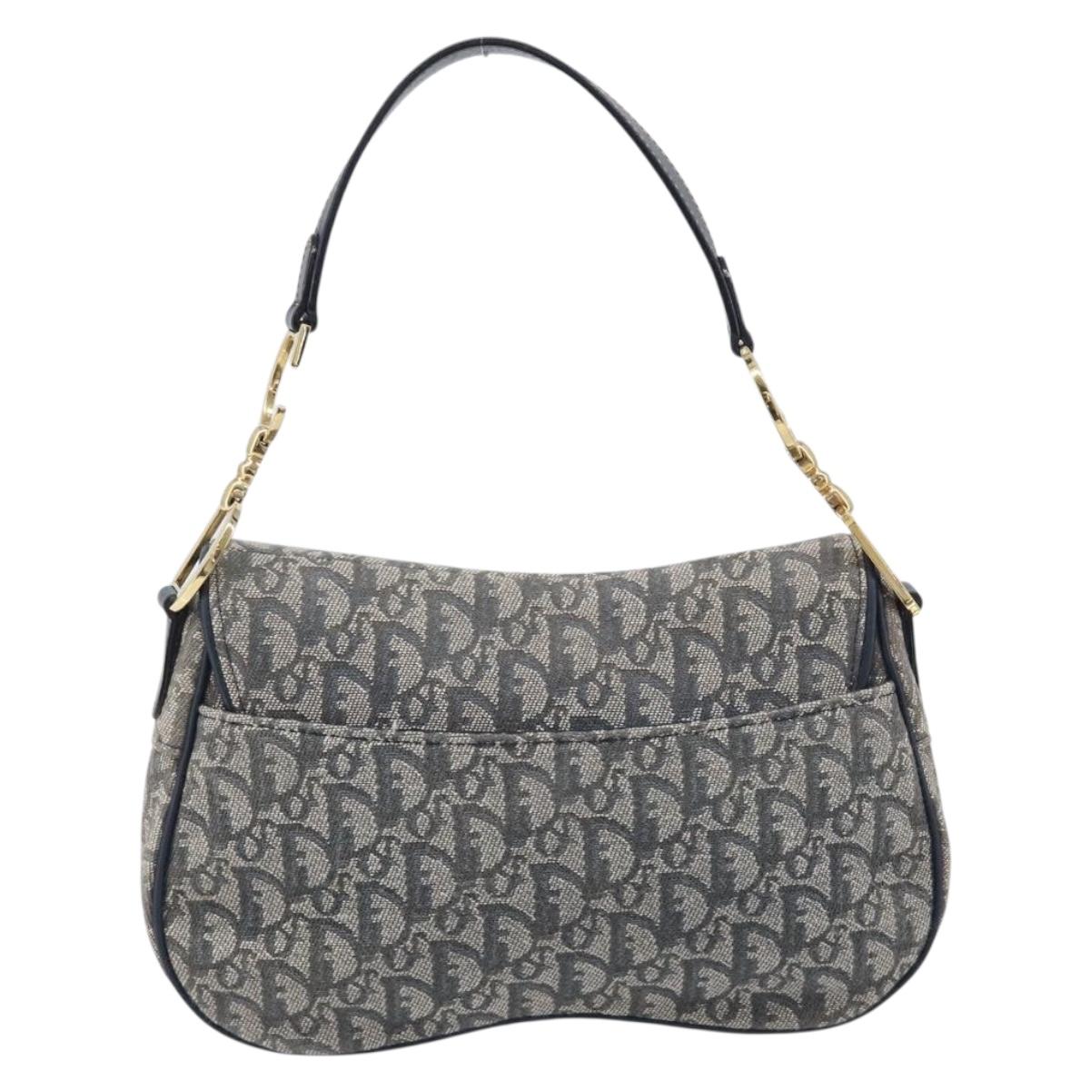 Christian Dior Trotter Canvas Saddle Shoulder Bag Navy Gold Auth 214016V