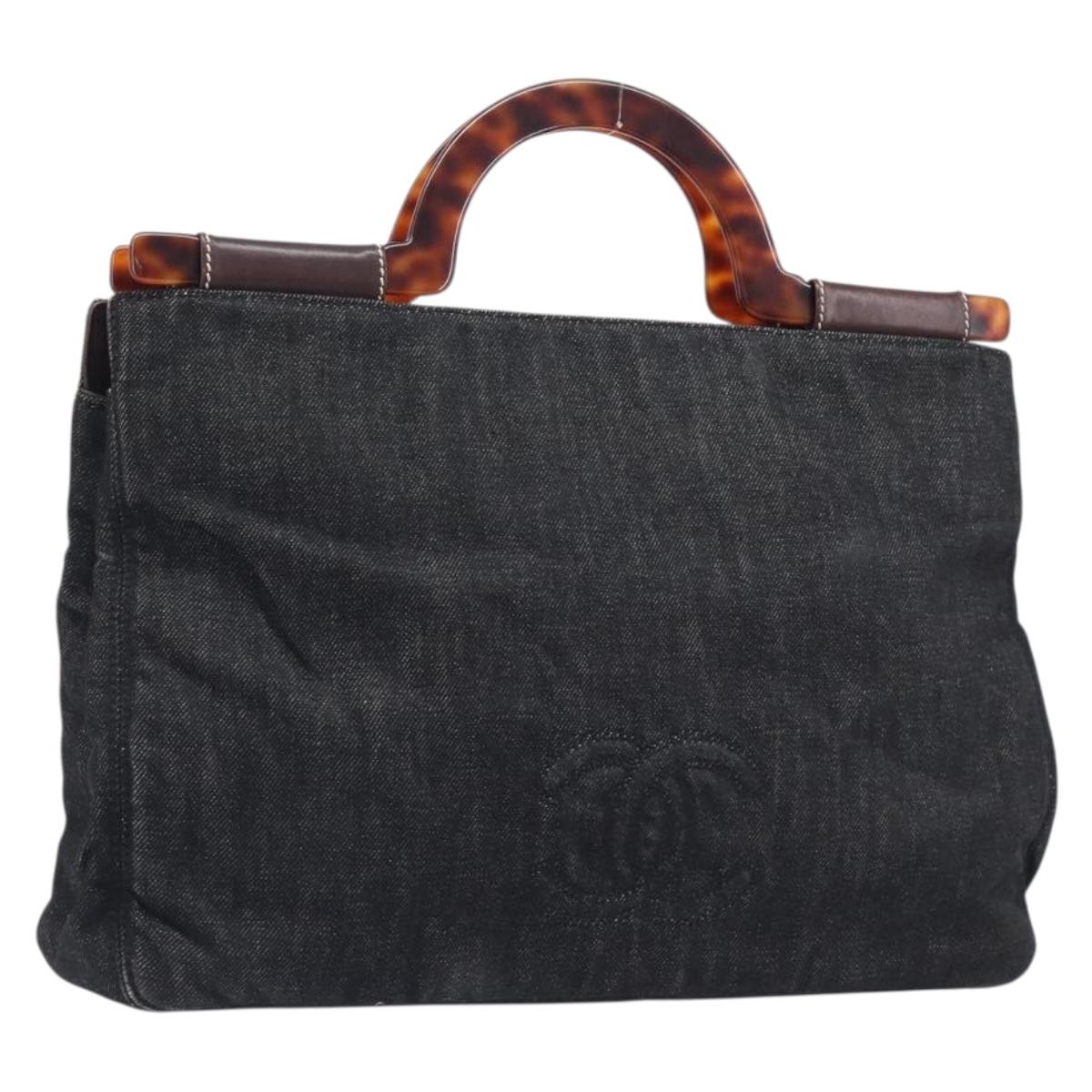 CHANEL Hand Bag Denim Black Gold CC Auth 214022A