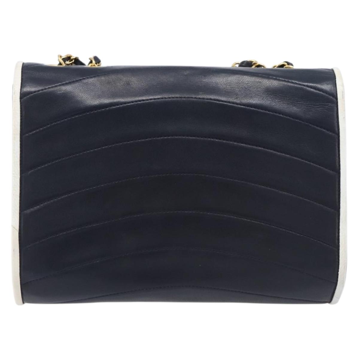 CHANEL Chain Shoulder Bag Lamb Skin Navy Gold CC Auth 214023V