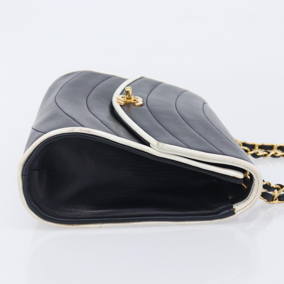 CHANEL Chain Shoulder Bag Lamb Skin Navy Gold CC Auth 214023V