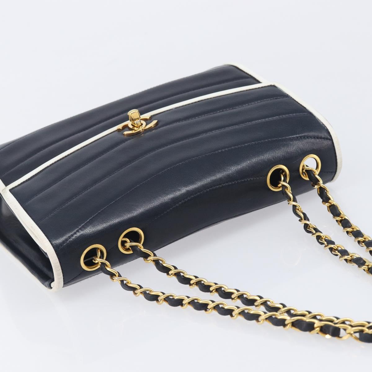CHANEL Chain Shoulder Bag Lamb Skin Navy Gold CC Auth 214023V