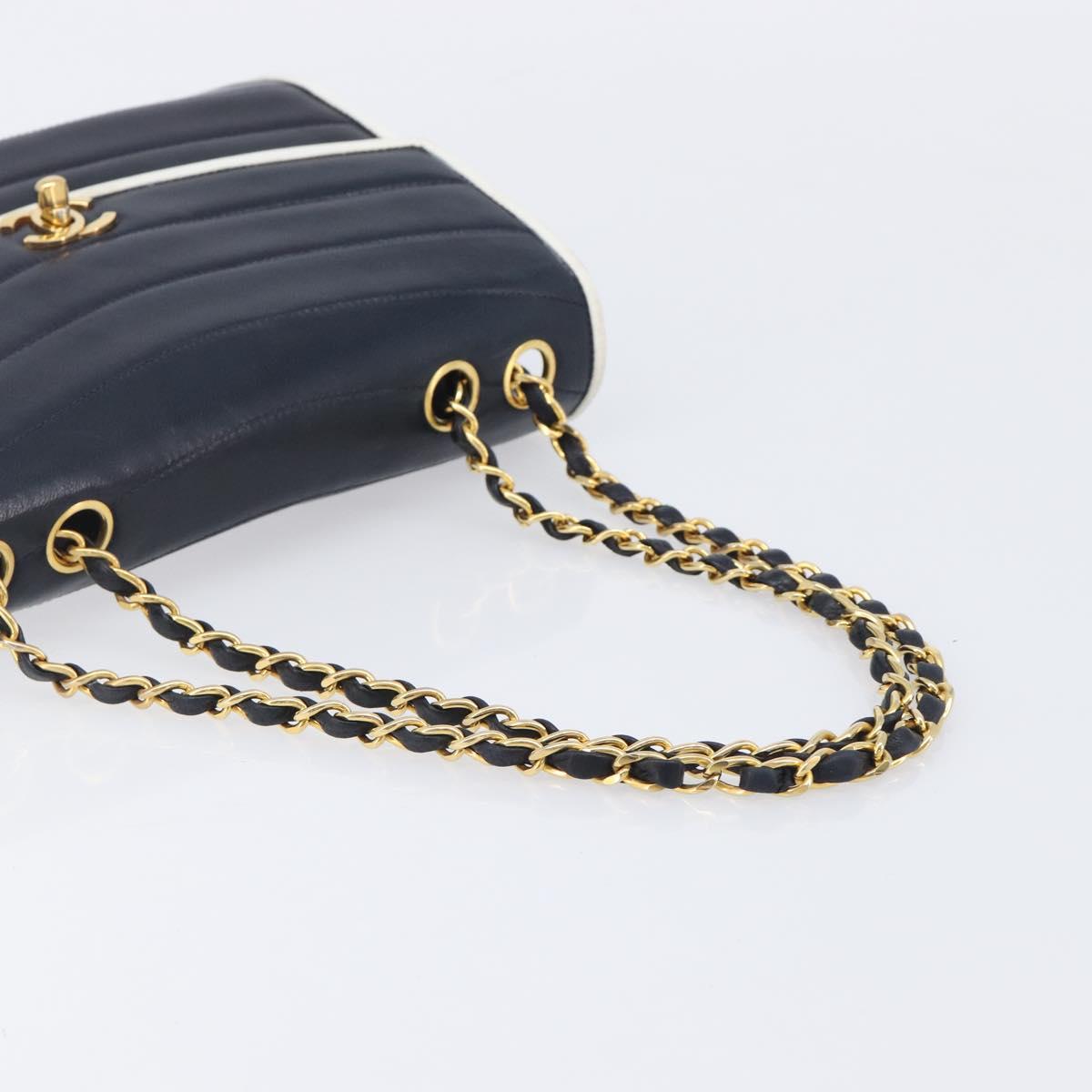 CHANEL Chain Shoulder Bag Lamb Skin Navy Gold CC Auth 214023V