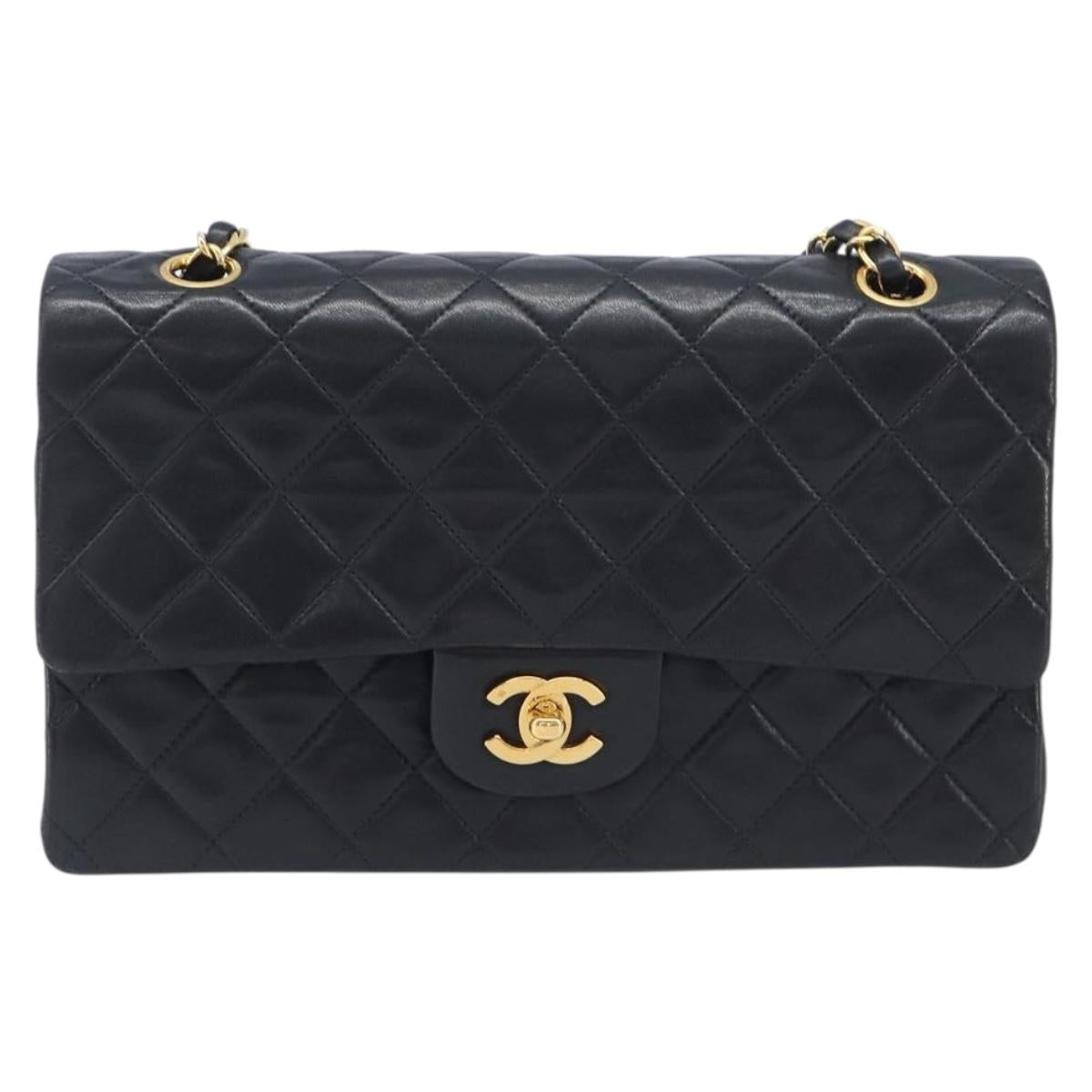 CHANEL Matelasse 25 Double Flap Chain Bag Lamb Skin Black Gold CC Auth 214024SAM