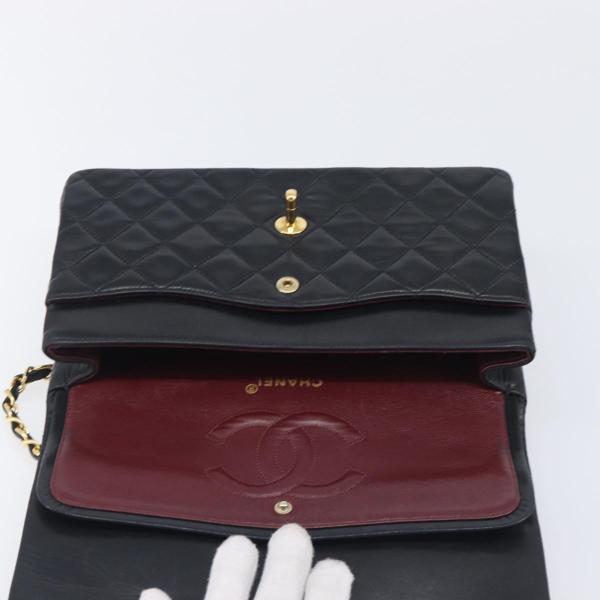 CHANEL Matelasse 25 Double Flap Chain Bag Lamb Skin Black Gold CC Auth 214024SAM