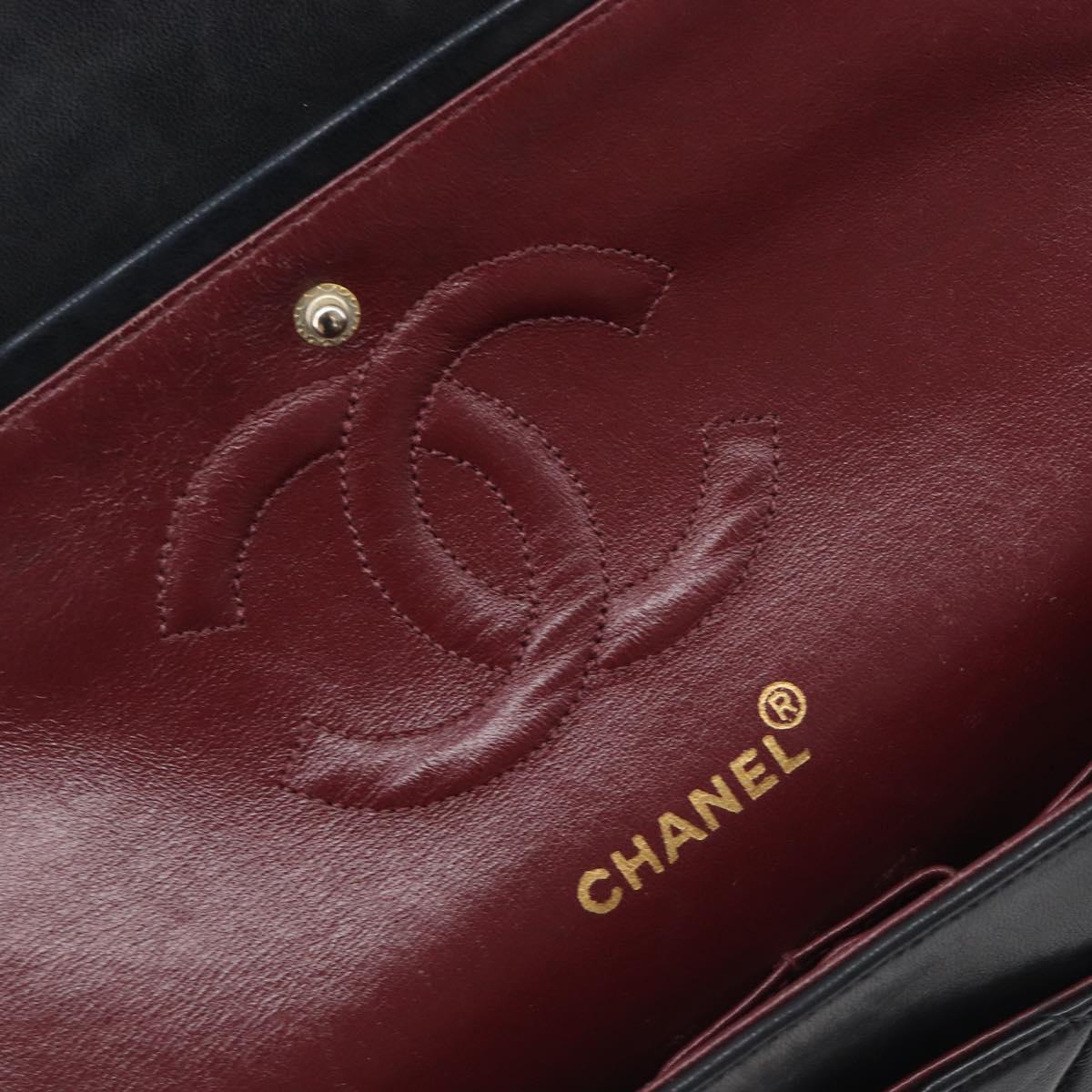 CHANEL Matelasse 25 Double Flap Chain Bag Lamb Skin Black Gold CC Auth 214024SAM